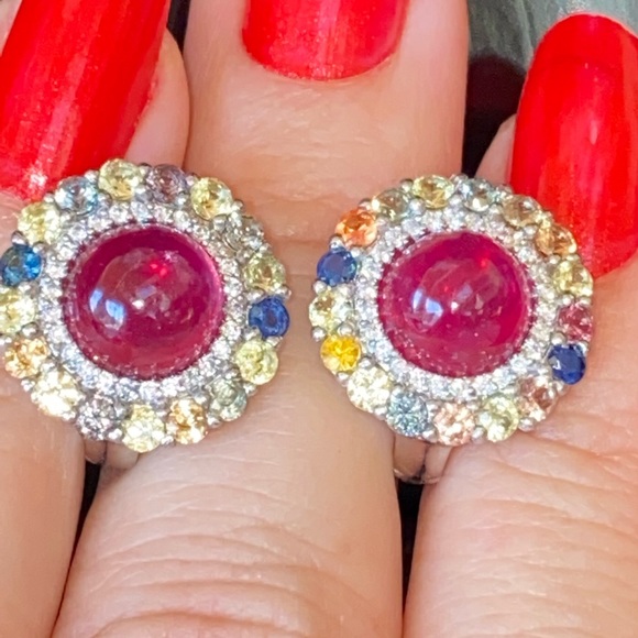 Classy Genuine Pigeon Blood Ruby & Sapphire Earrings - Picture 4 of 6